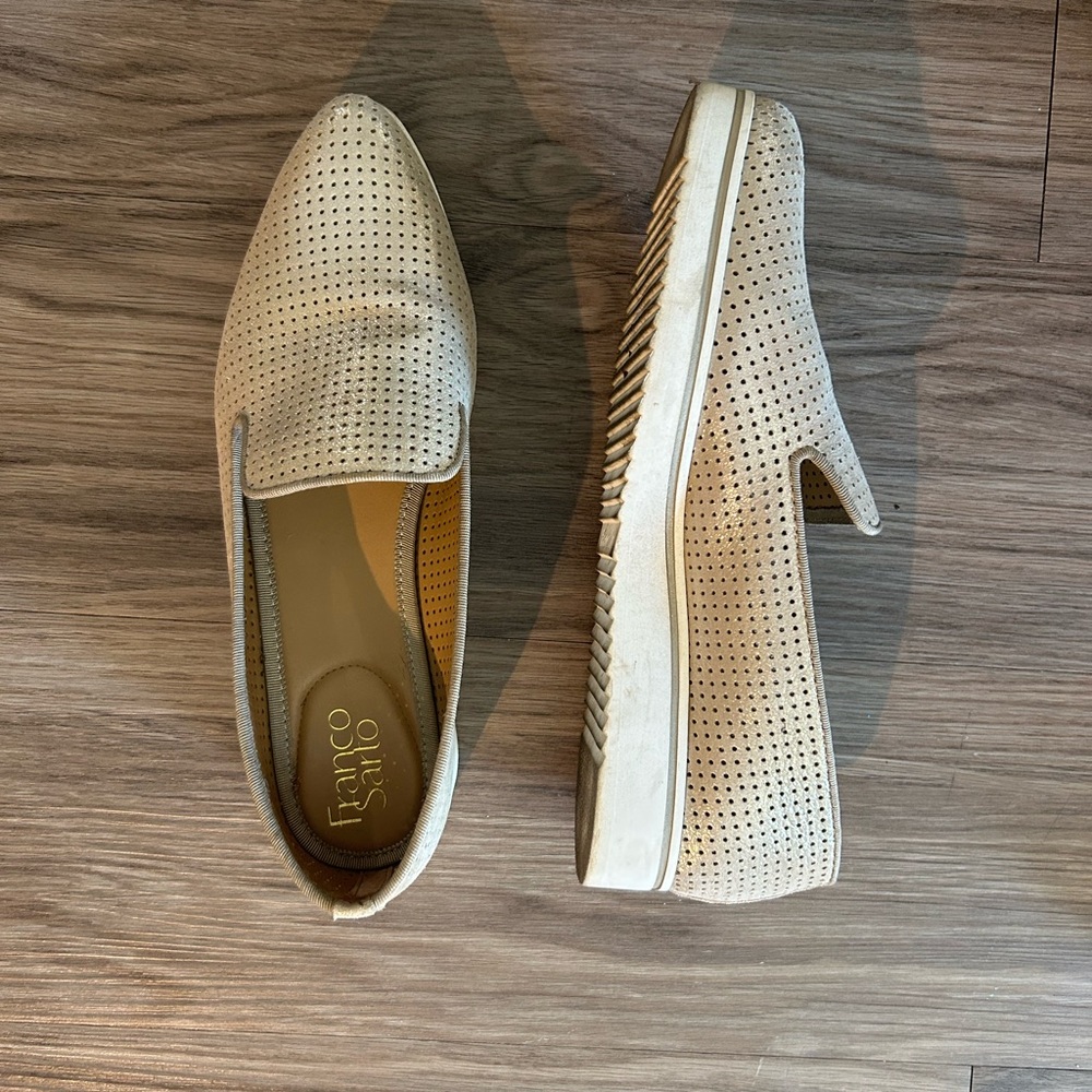 Franco Sarto gold laser cut loafer, casual, size 7.5